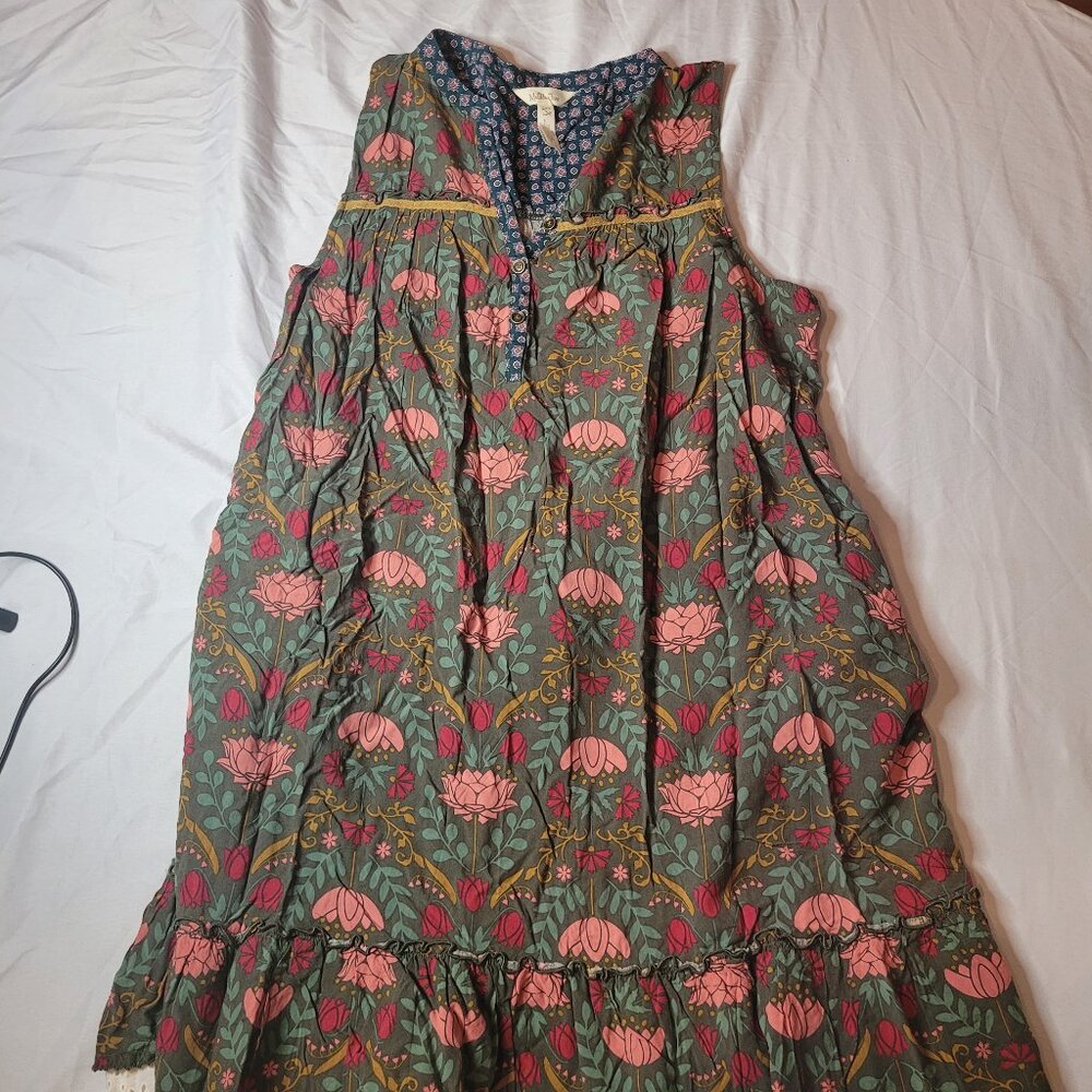 Matilda Jane Breaking New Ground Green Floral Print Lace Trim Shift Dress Sz L